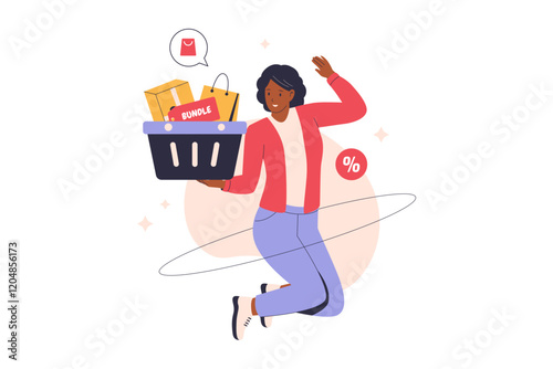 Illustration of happy woman shopping with bundle sale. Illustrations for websites, landing pages, mobile apps, posters and banners. Trendy flat vector illustrations