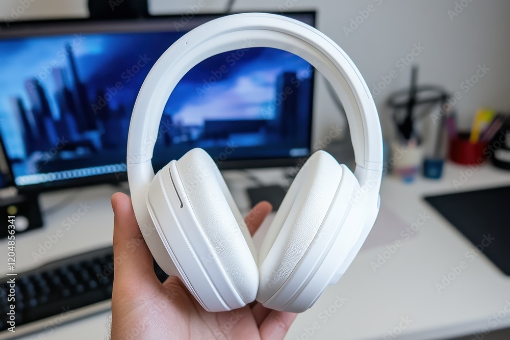 Individual Holding Wireless Headphones in a Modern Workspace Featuring a Computer Monitor and Office Equipment in the Background Individual Holding Wireless Headphones in a Modern Workspace Featuring a Computer Monitor and Office Equipment in the Background