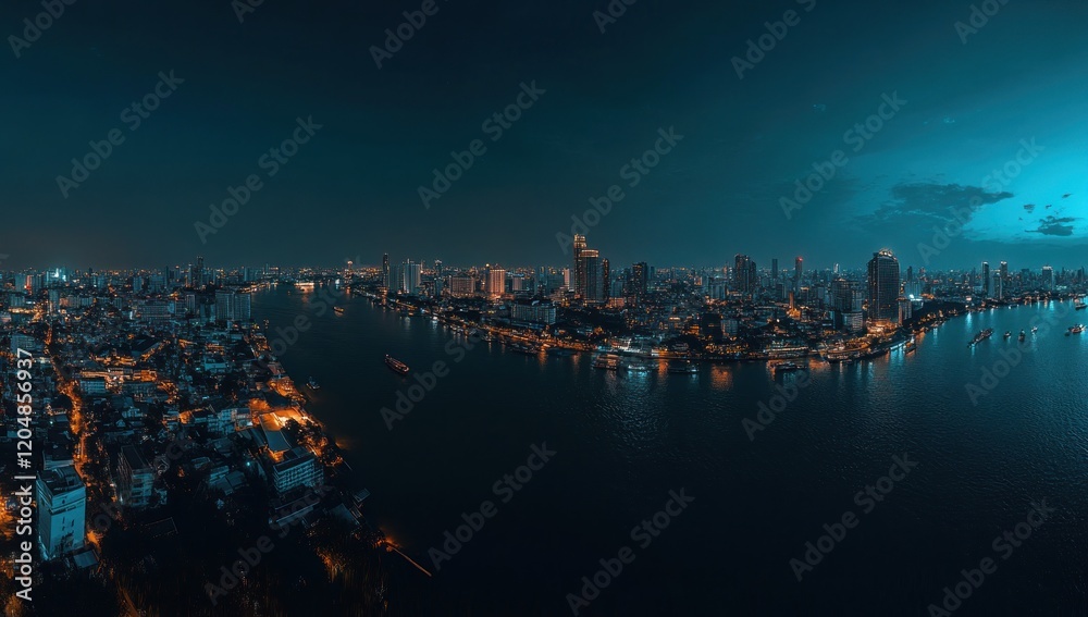 Naklejka premium Nightfall Panorama: Bangkok's Chao Phraya River Illuminates City Skyline