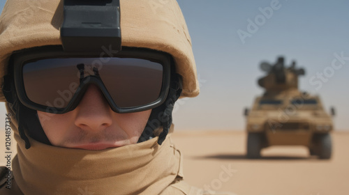 Documentary and journalism, A war correspondent reports live from a desert, showcasing high-fidelity imagery in a unique visual style.