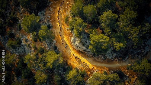 Aerial view of hikers on a winding mountain trail through lush green forest.