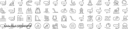 Water Park, Aquapark, Swimming Pool, Diving Line Icon Collection. Outline Signs for Graphic and Web Design, Apps, Adverts, Various Cards