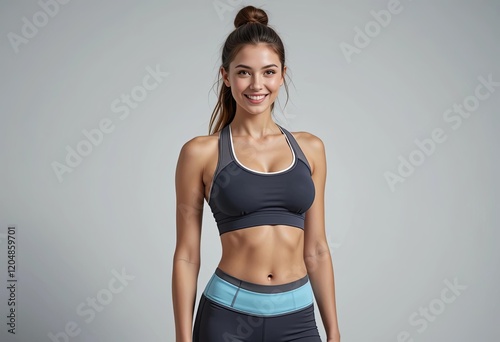 Confident woman in stylish sportswear posing against a neutral background, showcasing fitness, strength, and modern activewear.