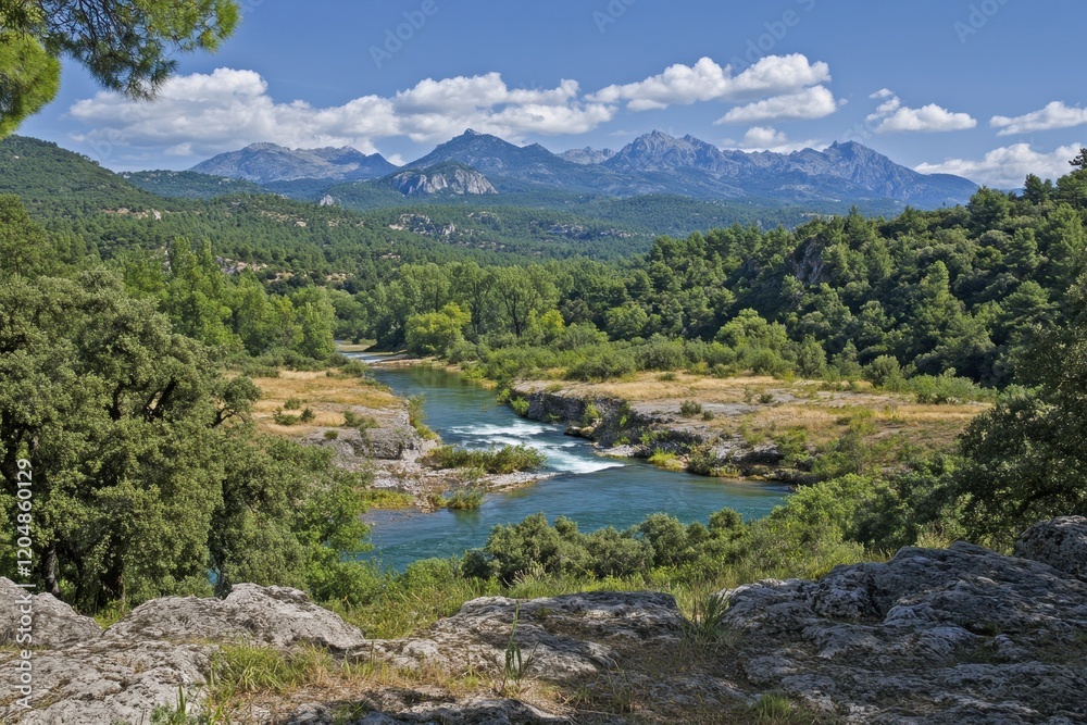 Scenic View of a Flowing River Surrounded by Lush Greenery and Majestic Mountains in the Background with Clear Blue Sky and Fluffy Clouds Scenic View of a Flowing River Surrounded by Lush Greenery and Majestic Mountains in the Background with Clear Blue Sky and Fluffy Clouds