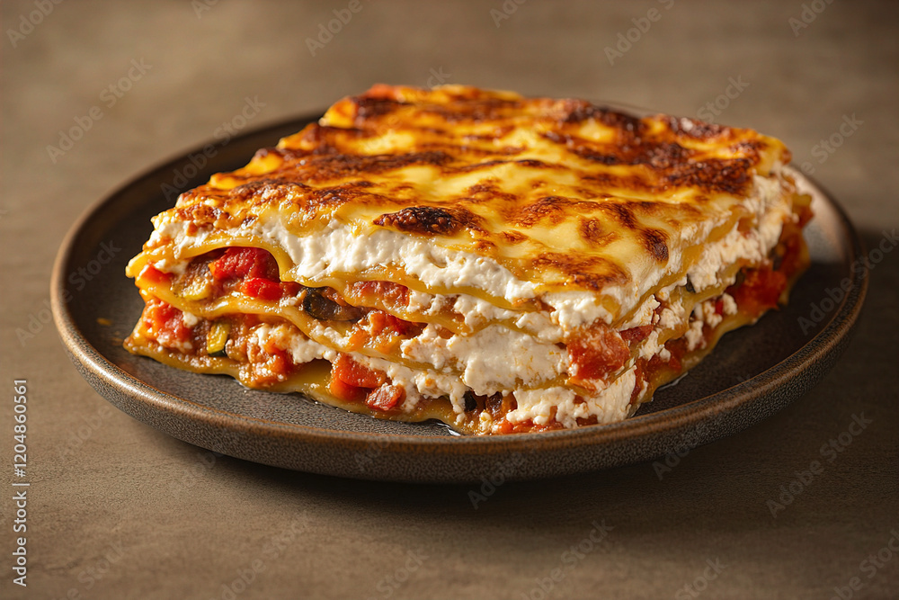 A slice of roasted vegetable lasagna on a plate. (Generative AI)