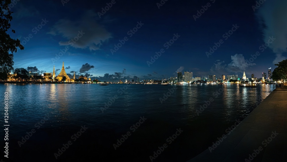 Fototapeta premium Night Panorama of Wat Arun and Bangkok Skyline