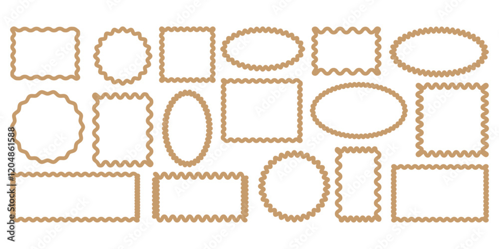 Color squiggle frames set. Zigzag wavy edges, retro frames, psychedelic rectangles, photo frames, mirror border. Vector groovy shapes set of wave borders, Ellipse shape design. vector illustration. Color squiggle frames set. Zigzag wavy edges, retro frames, psychedelic rectangles, photo frames, mirror border. Vector groovy shapes set of wave borders, Ellipse shape design. vector illustration.