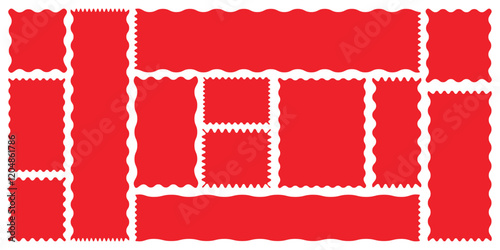 Red silhouette scalloped frames. Geometric shapes stickers with zigzag wavy edge. Set of frames with zigzag edge, scallop edge shape. red color frame, vector illustration.