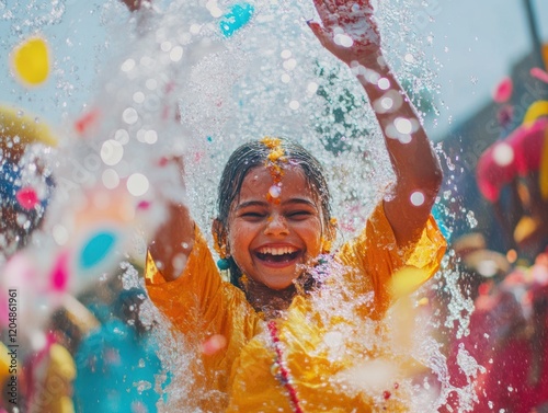 A young person joyfully celebrates with water and colorful powder at an outdoor festival photo