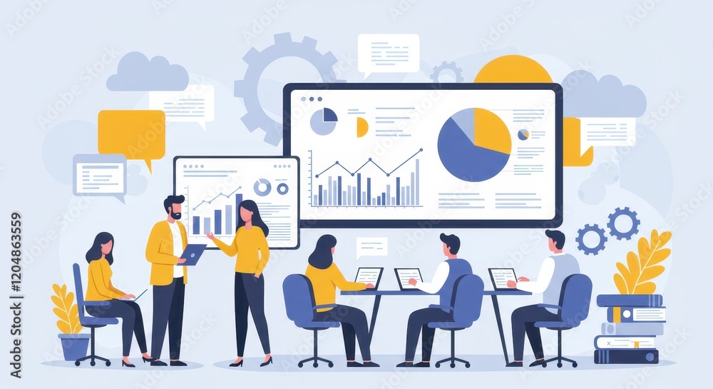 A flat illustration of a team in a business meeting A flat illustration of a team in a business meeting
