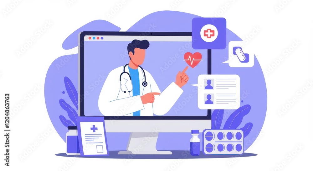 A flat illustration of a doctor appearing on a computer screen engaging in a virtual consultation A flat illustration of a doctor appearing on a computer screen engaging in a virtual consultation