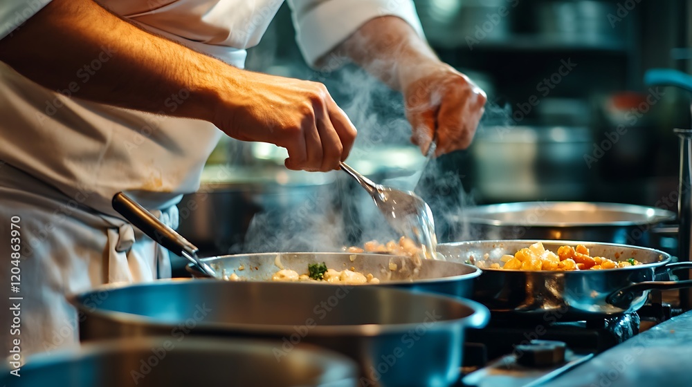 Chef Stirring Food in a Pan with Steam Rising Chef Stirring Food in a Pan with Steam Rising