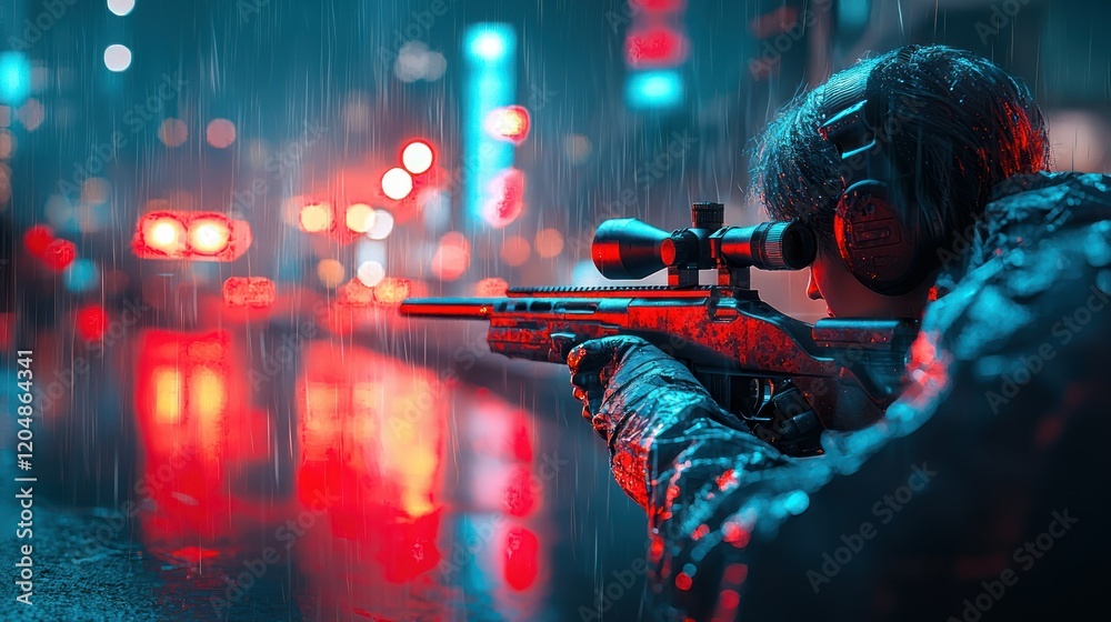 Fototapeta premium Rainy Night Sniper: Urban Warfare in the City