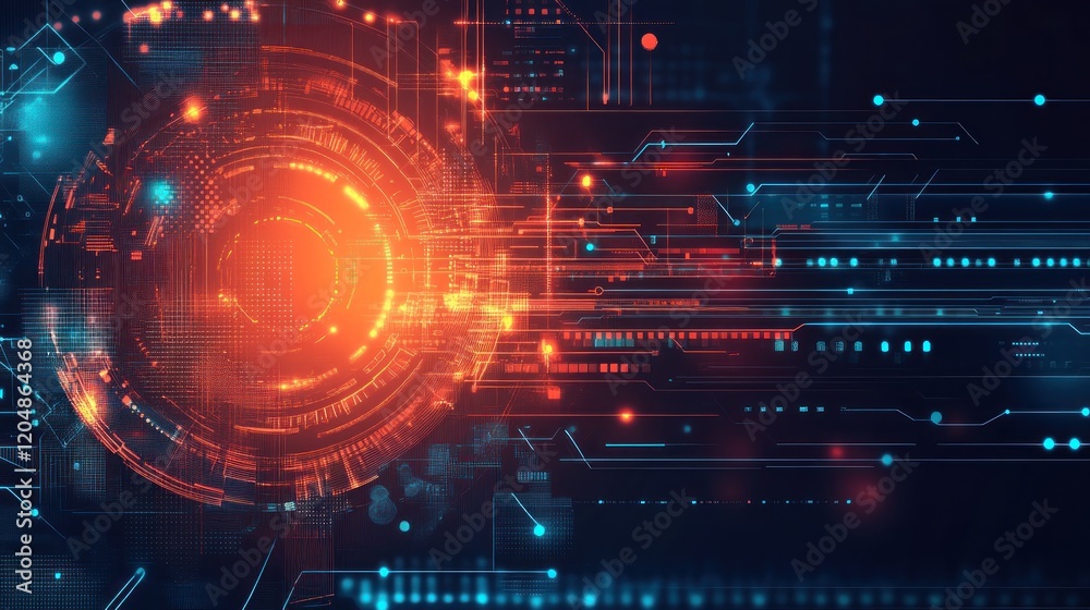 Obraz premium Futuristic digital interface glows, data streams flow, dark background, tech website