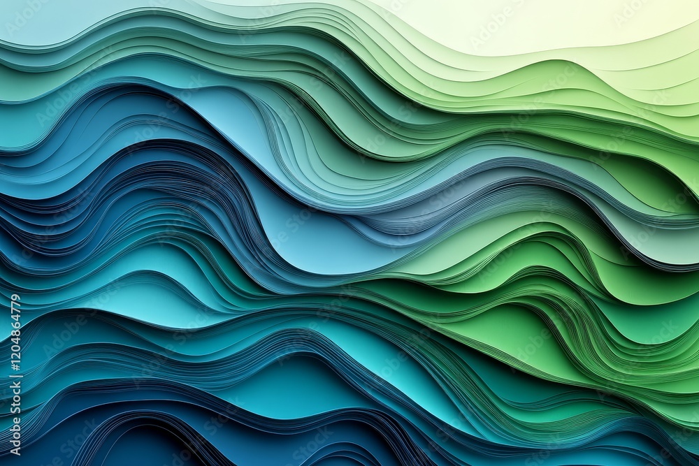 Seamless pattern of digital blue and green waves flowing together in paper cut-out style, creating an abstract and dynamic background design. Seamless pattern of digital blue and green waves flowing together in paper cut-out style, creating an abstract and dynamic background design.