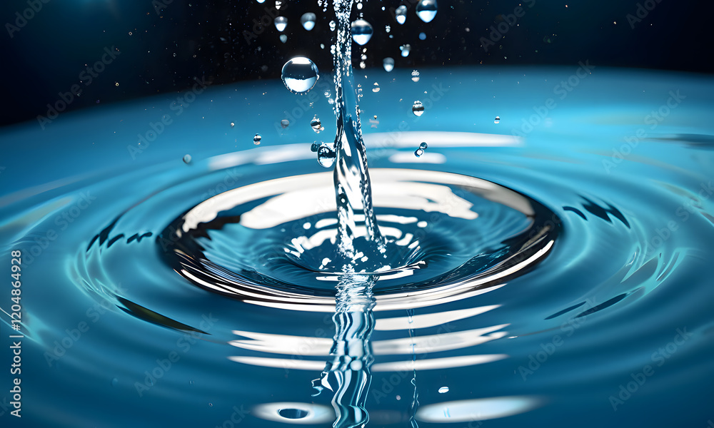 Water droplets impact a blue surface creating splash and concentric ripples. Suitable for water-themed designs, backgrounds, science concepts, and natural elements projects Water droplets impact a blue surface creating splash and concentric ripples. Suitable for water-themed designs, backgrounds, science concepts, and natural elements projects