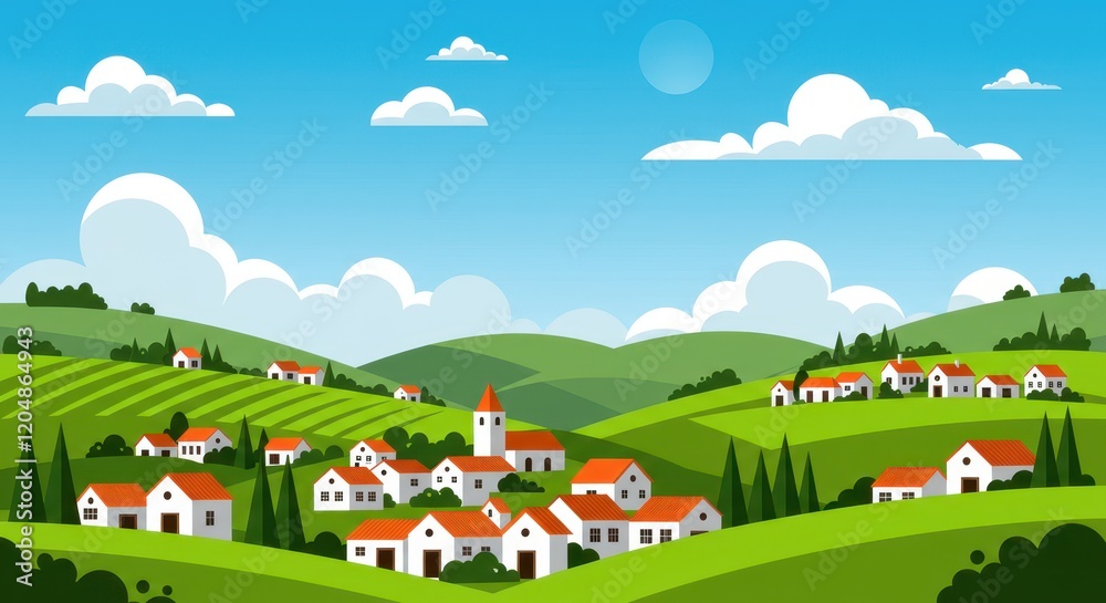 Fototapeta premium A flat illustration of a picturesque hillside village with white houses topped with orange roofs