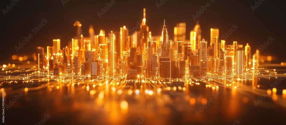 Fototapeta premium Golden Cityscape: A Nighttime Digital Metropolis