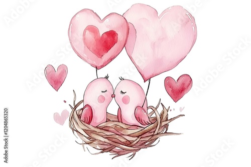 Valentine day love birds in watercolor style nesting together romantic scene heartfelt emotions photo