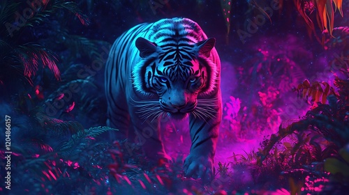 A powerful tiger spirit animal prowling through a neon jungle photo