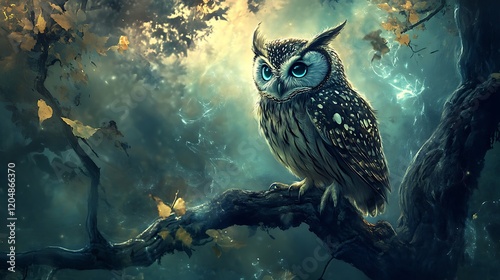 Fototapeta Naklejka Na Ścianę i Meble -  A serene owl spirit animal perched on a magical tree branch