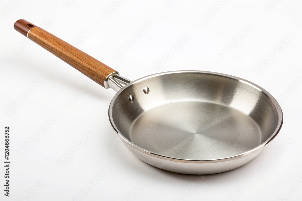 Stainless Steel Frying Pan with Wooden Handle Perfect for Culinary Demonstrations on White Background Stainless Steel Frying Pan with Wooden Handle Perfect for Culinary Demonstrations on White Background