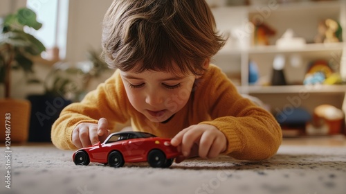 Child Playing with Red Toy Car on Soft Carpet in Cozy Room