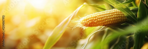 yellow corn on corn field, blur sunlight background