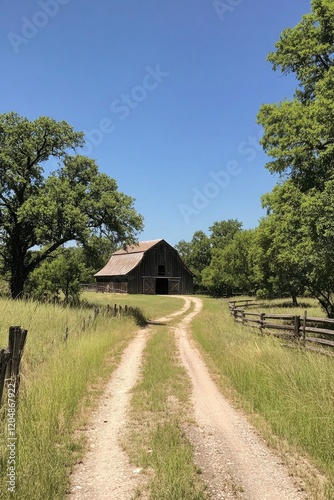 An old barn in the distance, surrounded by trees and tall grasses on both sides of an open field with a dirt road leading up to it. The sky is clear and blue. A wooden fence surrounds the area.