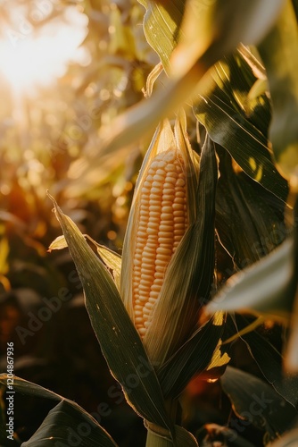 yellow corn on corn field, blur sunlight background