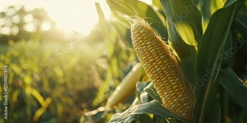 yellow corn on corn field, blur sunlight background