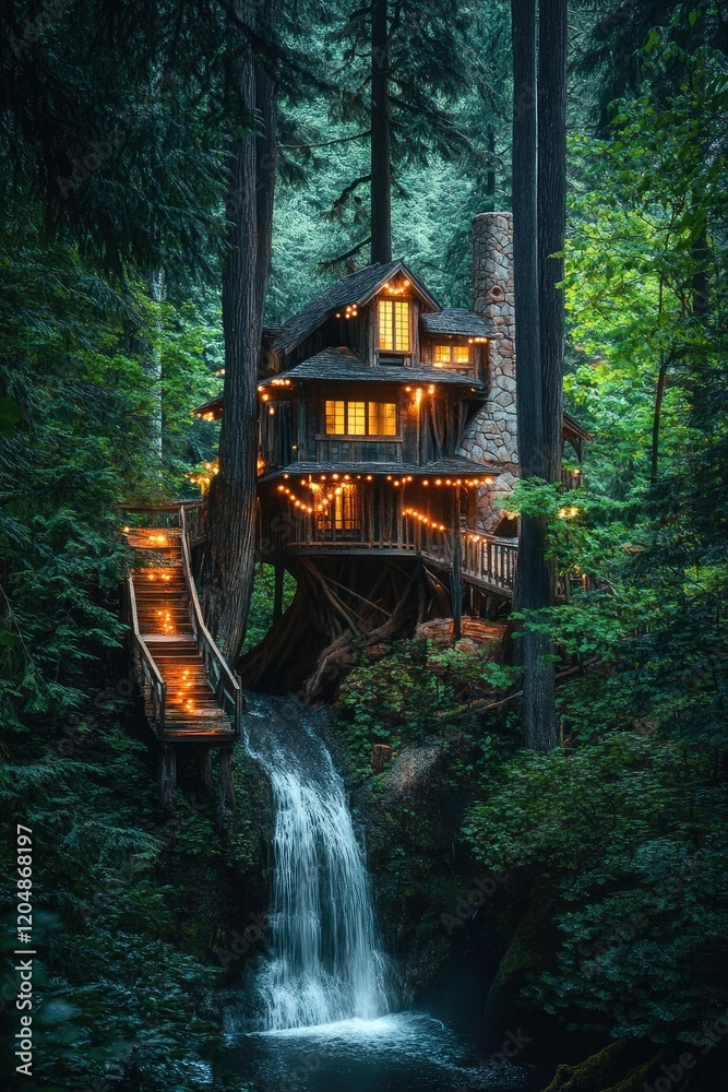 A treehouse nestled in the heart of an ancient forest, surrounded by towering trees and a cascading waterfall. The lush, green landscape is illuminated by warm lighting. A treehouse nestled in the heart of an ancient forest, surrounded by towering trees and a cascading waterfall. The lush, green landscape is illuminated by warm lighting.