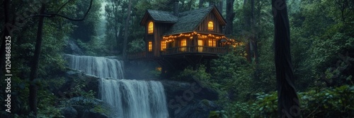 A treehouse nestled in the heart of an ancient forest, surrounded by towering trees and a cascading waterfall. The lush, green landscape is illuminated by warm lighting.