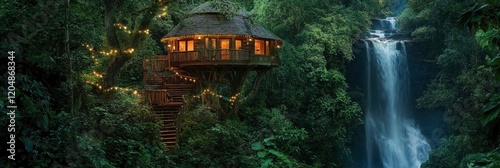 A treehouse nestled in the heart of an ancient forest, surrounded by towering trees and a cascading waterfall. The lush, green landscape is illuminated by warm lighting.