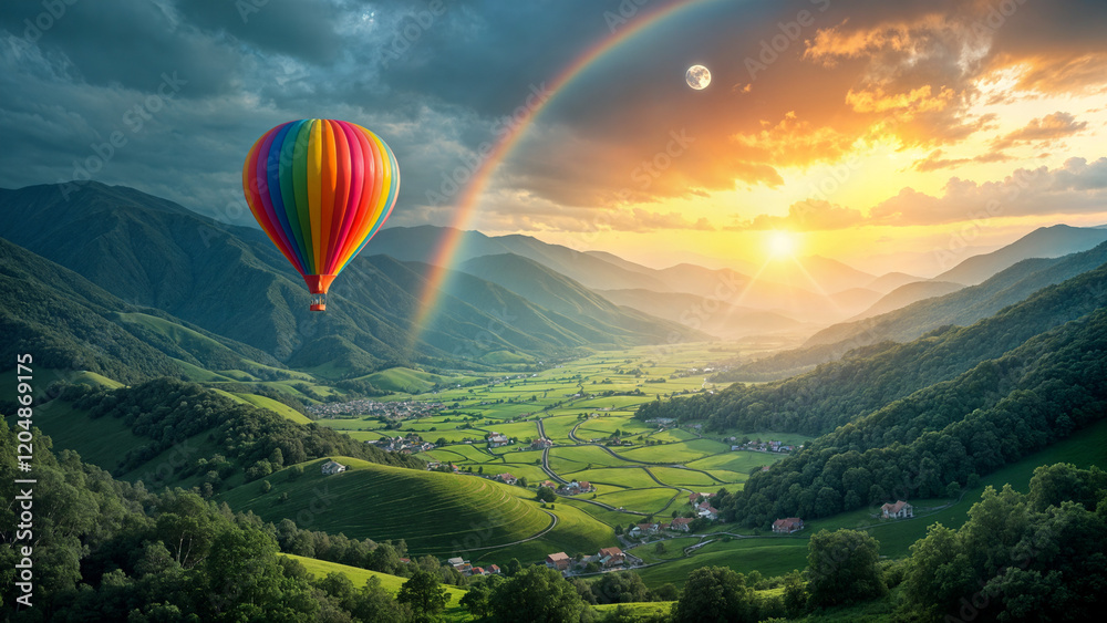 Naklejka premium Rainbow Balloon Over Terraced Fields