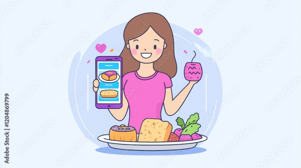 Happy Woman Displaying Phone with Food and Drink in Cheerful Scene Happy Woman Displaying Phone with Food and Drink in Cheerful Scene