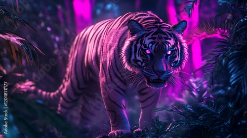 A fierce tiger spirit animal prowling in a neon-lit jungle