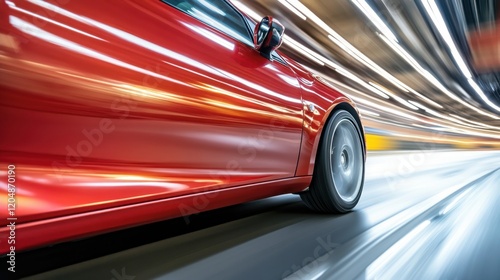 Dynamic Motion of a Red Sports Car on a Blurred City Road