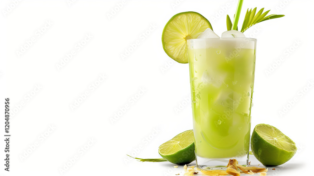 Fototapeta premium Refreshing lime drink with ice and garnishes, perfect for summer