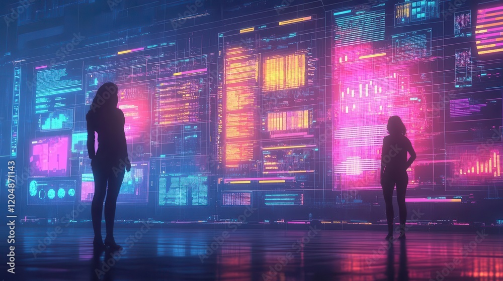 A futuristic scene featuring two silhouetted figures against a vibrant, illuminated wall of digital patterns and colors. A futuristic scene featuring two silhouetted figures against a vibrant, illuminated wall of digital patterns and colors.