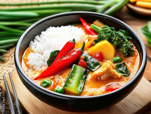 Traditional Thai curry with rice and mixed vegetables. Featuring a spicy and aromatic dish. Highlighting the rich flavors and presentation. Ideal for food and cultural themes. photo