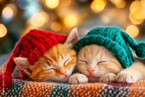 Wallpaper Mural Adorable Kittens in Colorful Hats Sleeping Together Among Festive Holiday Lights Torontodigital.ca