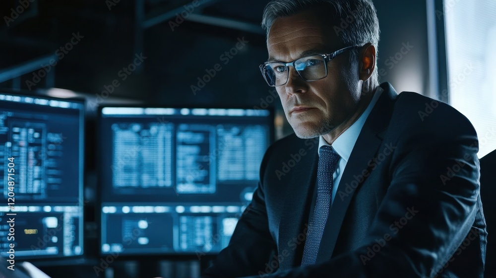 Focused Businessman Analyzing Data on Multiple Computer Screens Focused Businessman Analyzing Data on Multiple Computer Screens