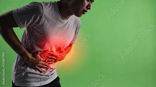Stomach Ache: A man experiencing severe stomach pain, clutching his abdomen in discomfort.  The image depicts a feeling of illness and distress.