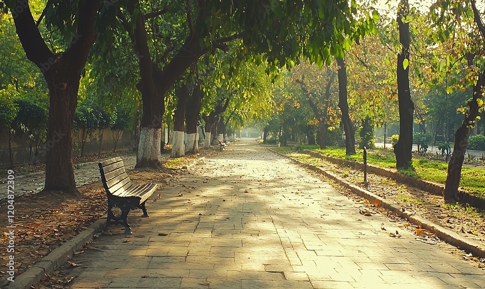 Empty park path with bench, trees, sunlight Empty park path with bench, trees, sunlight