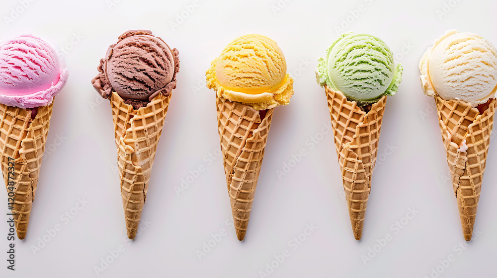Delightful ice cream cones in various flavors, perfect for summer enjoyment. colorful scoops include pink, brown, yellow, and green, showcasing variety of tastes Delightful ice cream cones in various flavors, perfect for summer enjoyment. colorful scoops include pink, brown, yellow, and green, showcasing variety of tastes