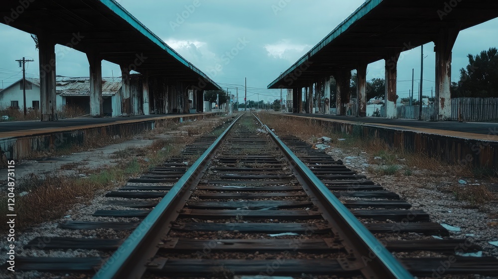 Fototapeta premium An abandoned train station with vacant platforms and scattered debris.