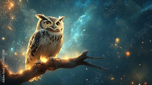A wise owl spirit animal perched on a glowing branch under a starry sky