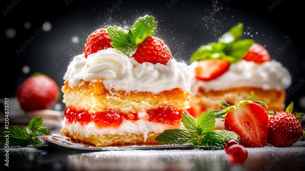 Delicious Strawberry Shortcakes gleam brightly under dramatic studio lighting. AI Generated Delicious Strawberry Shortcakes gleam brightly under dramatic studio lighting. AI Generated