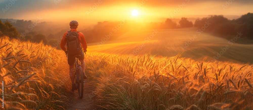 Fototapeta premium Cyclist rides through golden wheat field at sunset.